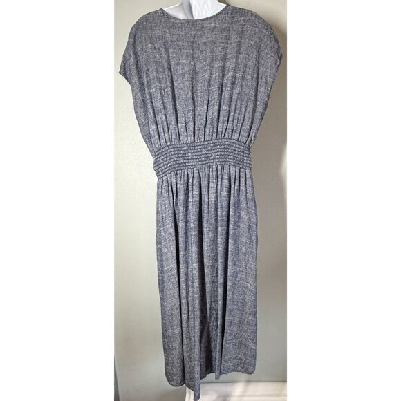 Max Studio Womens Chambray Dress Large Linen Blend V-Neck Coastal Cottagecore - Picture 2 of 12